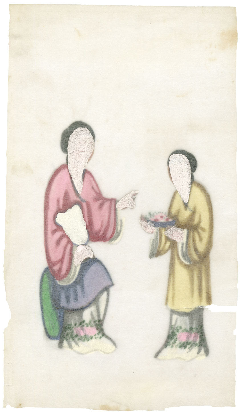 Antique 19th-century Chinese Pith Painting – Qing Dynasty Women with Flower Bowl