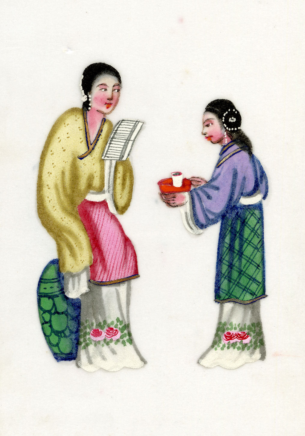 Antique 19th-century Chinese Pith Painting – Qing Dynasty Women with Cup