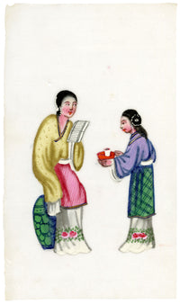 Antique 19th-century Chinese Pith Painting – Qing Dynasty Women with Cup