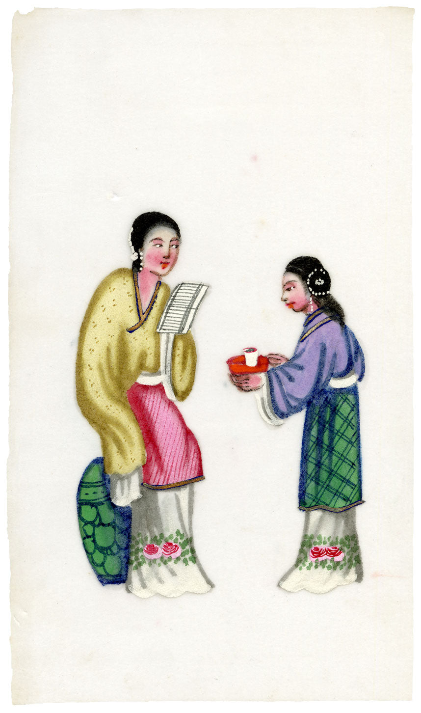 Antique 19th-century Chinese Pith Painting – Qing Dynasty Women with Cup