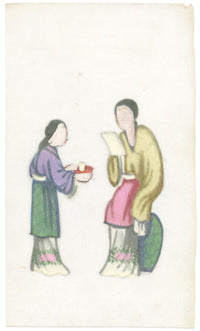 Antique 19th-century Chinese Pith Painting – Qing Dynasty Women with Cup