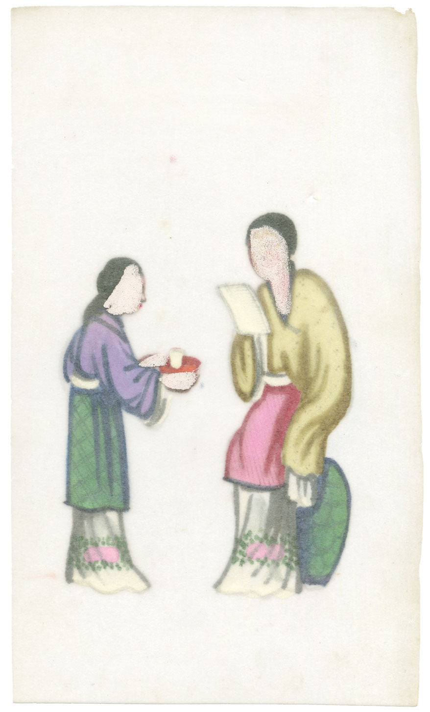 Antique 19th-century Chinese Pith Painting – Qing Dynasty Women with Cup
