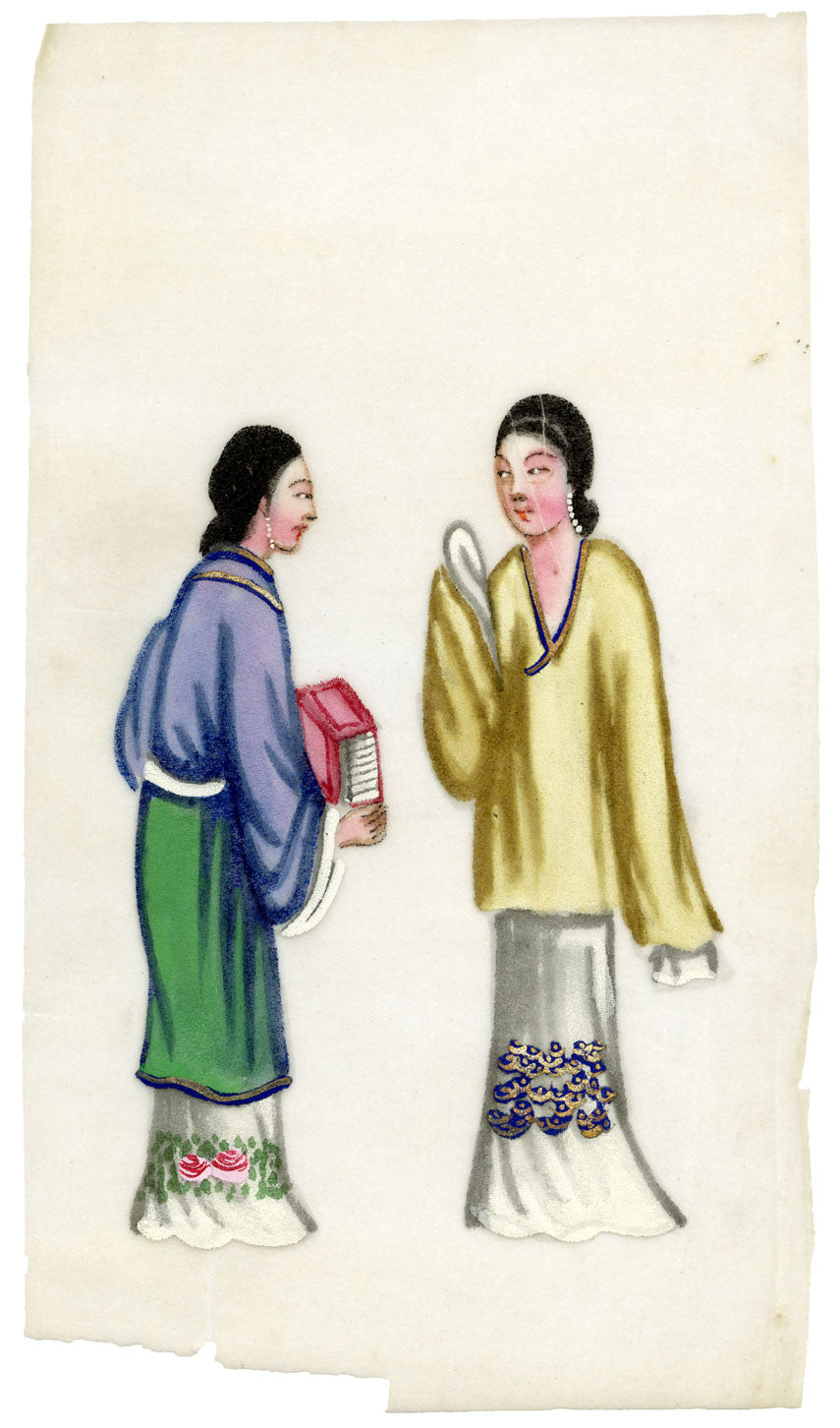 Antique 19th-century Chinese Pith Painting – Qing Dynasty Women