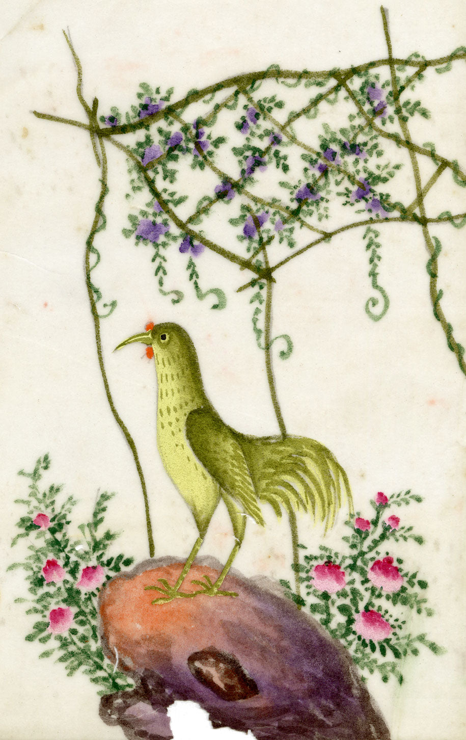 Antique 19th-century Chinese Pith Painting – Golden Rooster