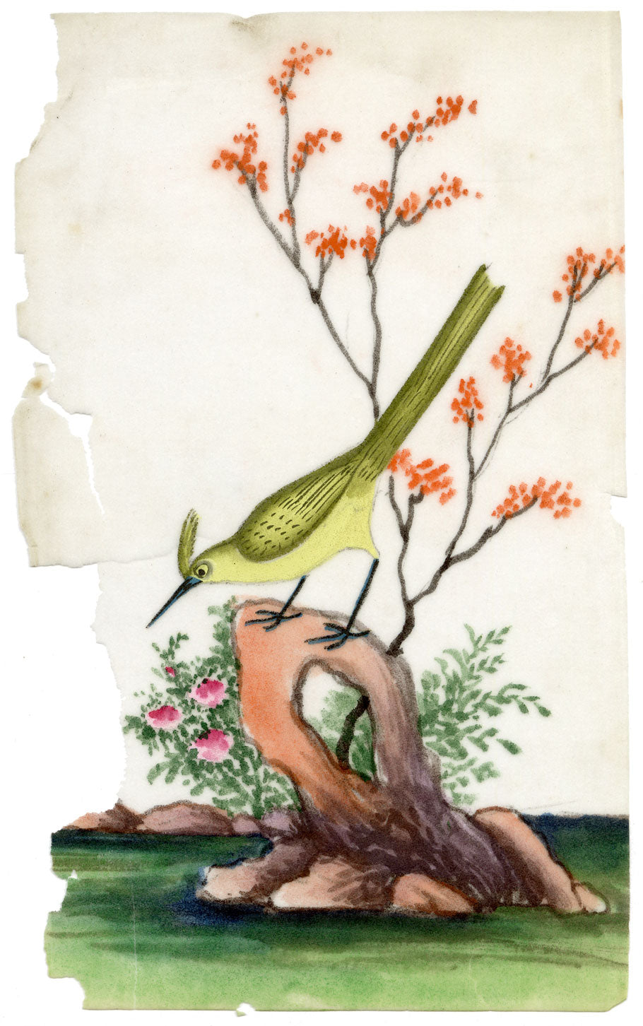 Antique 19th-century Chinese Pith Painting – Yellow Crested Bird