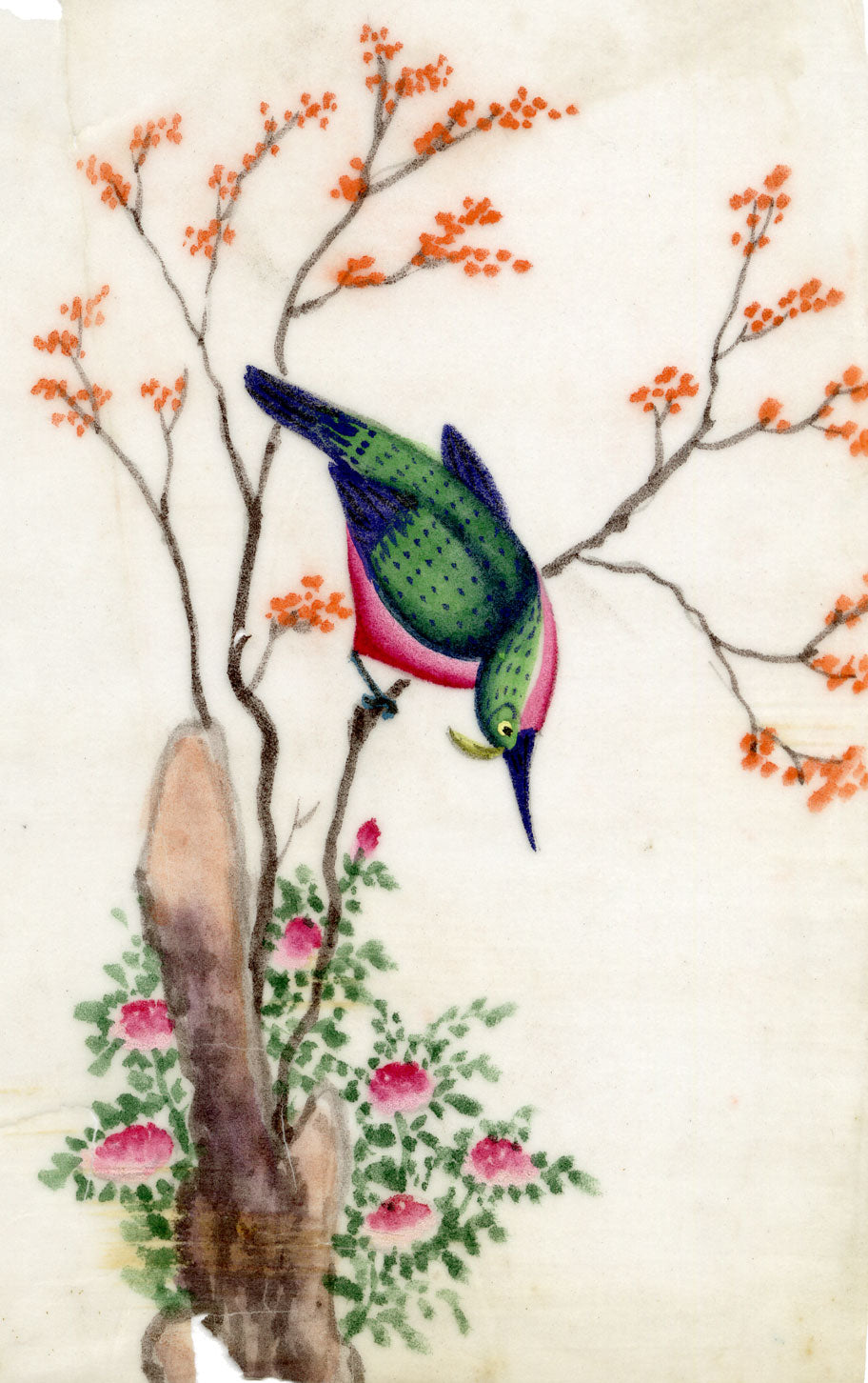 Antique 19th-century Chinese Pith Painting – Green Magpie Bird