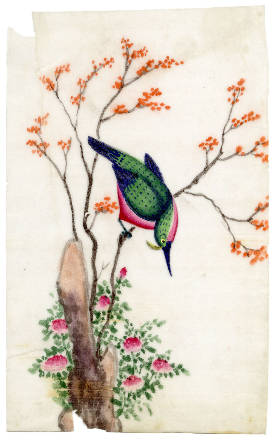 Antique 19th-century Chinese Pith Painting – Green Magpie Bird