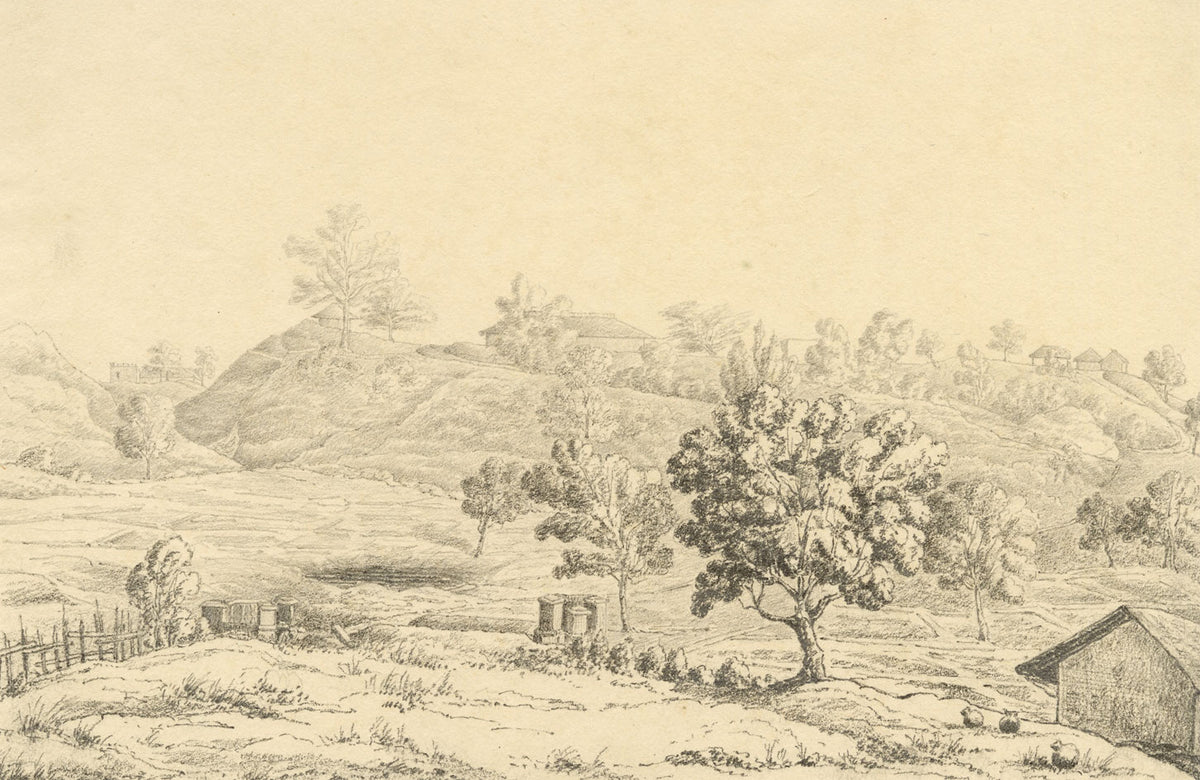 M.A. (Ricketts) Buckland, Landscape at Chittagong, Bengal – 1845 graphite drawing