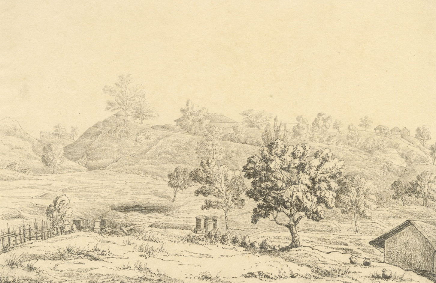 M.A. (Ricketts) Buckland, Landscape at Chittagong, Bengal – 1845 graphite drawing
