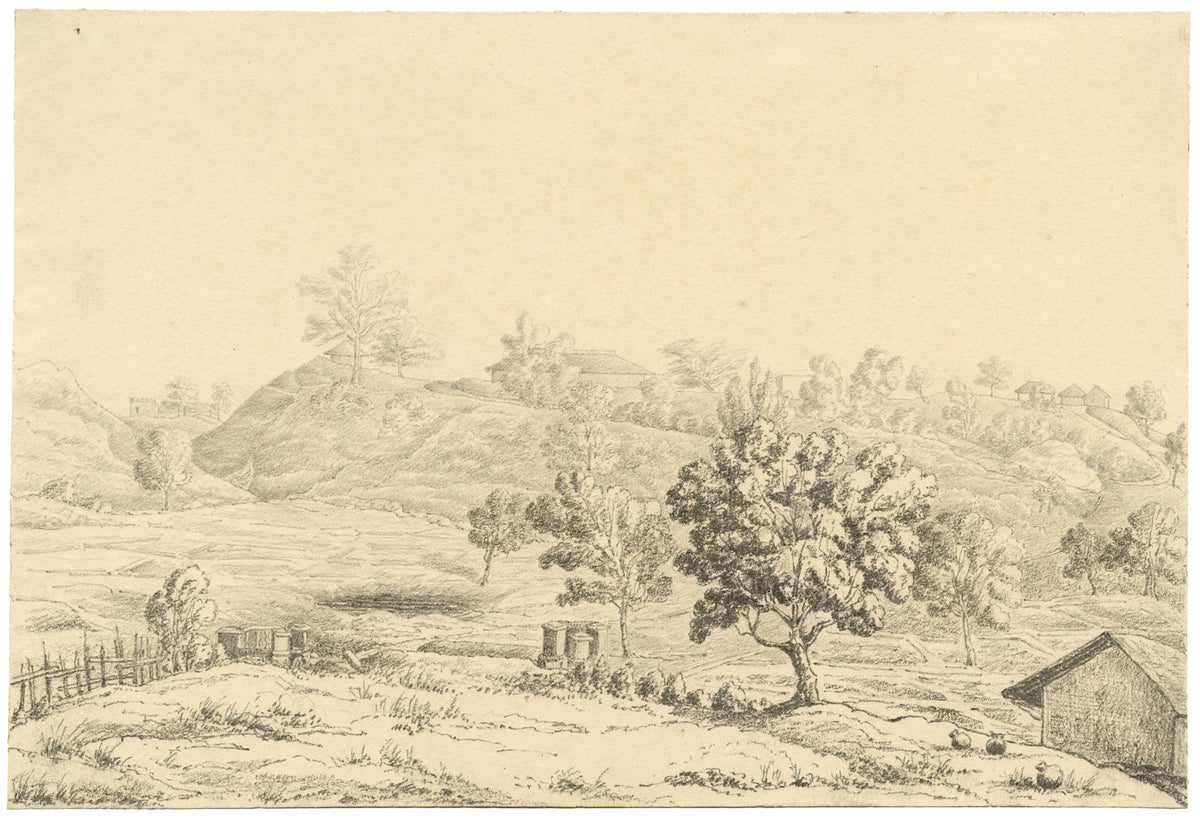 M.A. (Ricketts) Buckland, Landscape at Chittagong, Bengal – 1845 graphite drawing