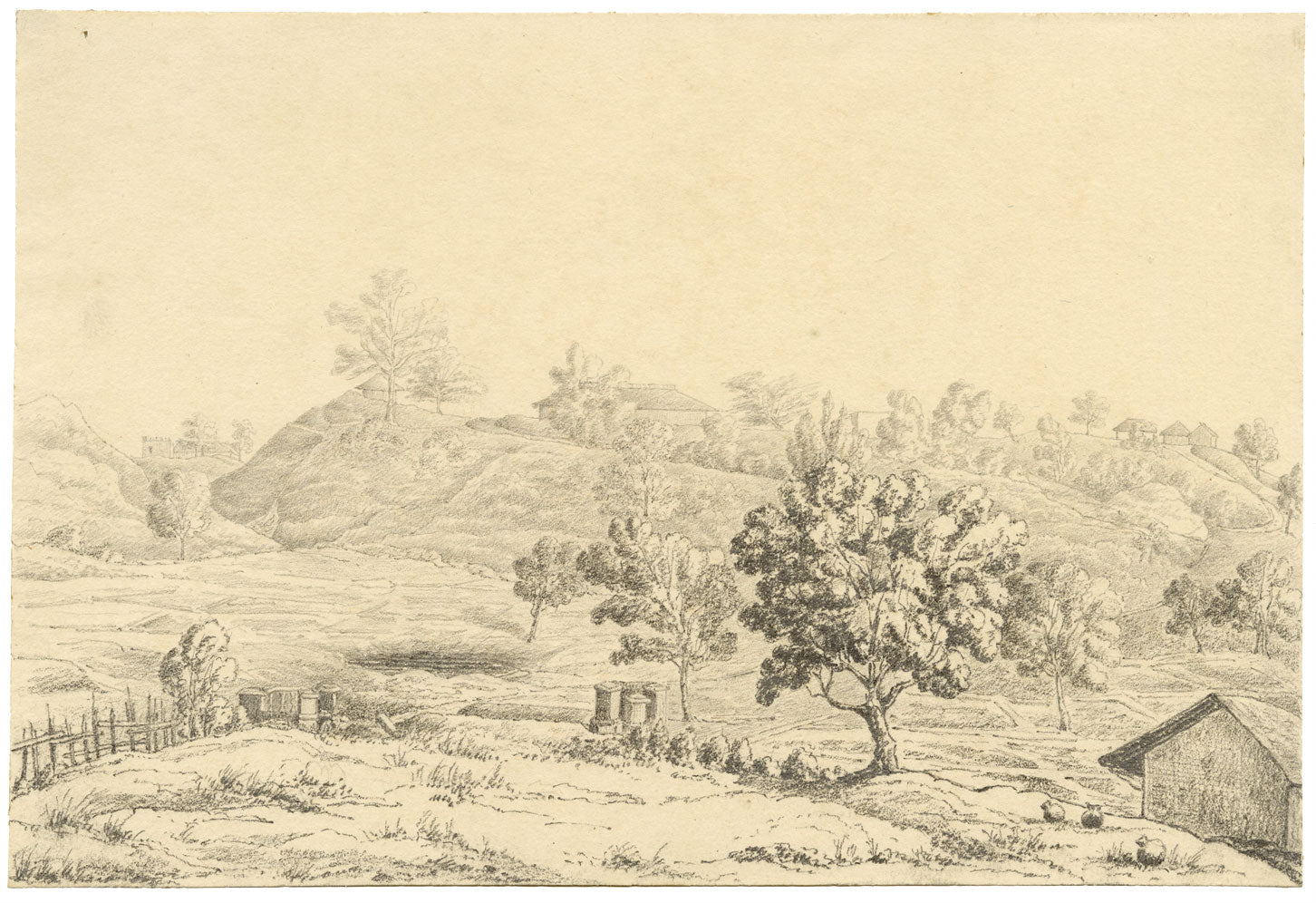 M.A. (Ricketts) Buckland, Landscape at Chittagong, Bengal – 1845 graphite drawing