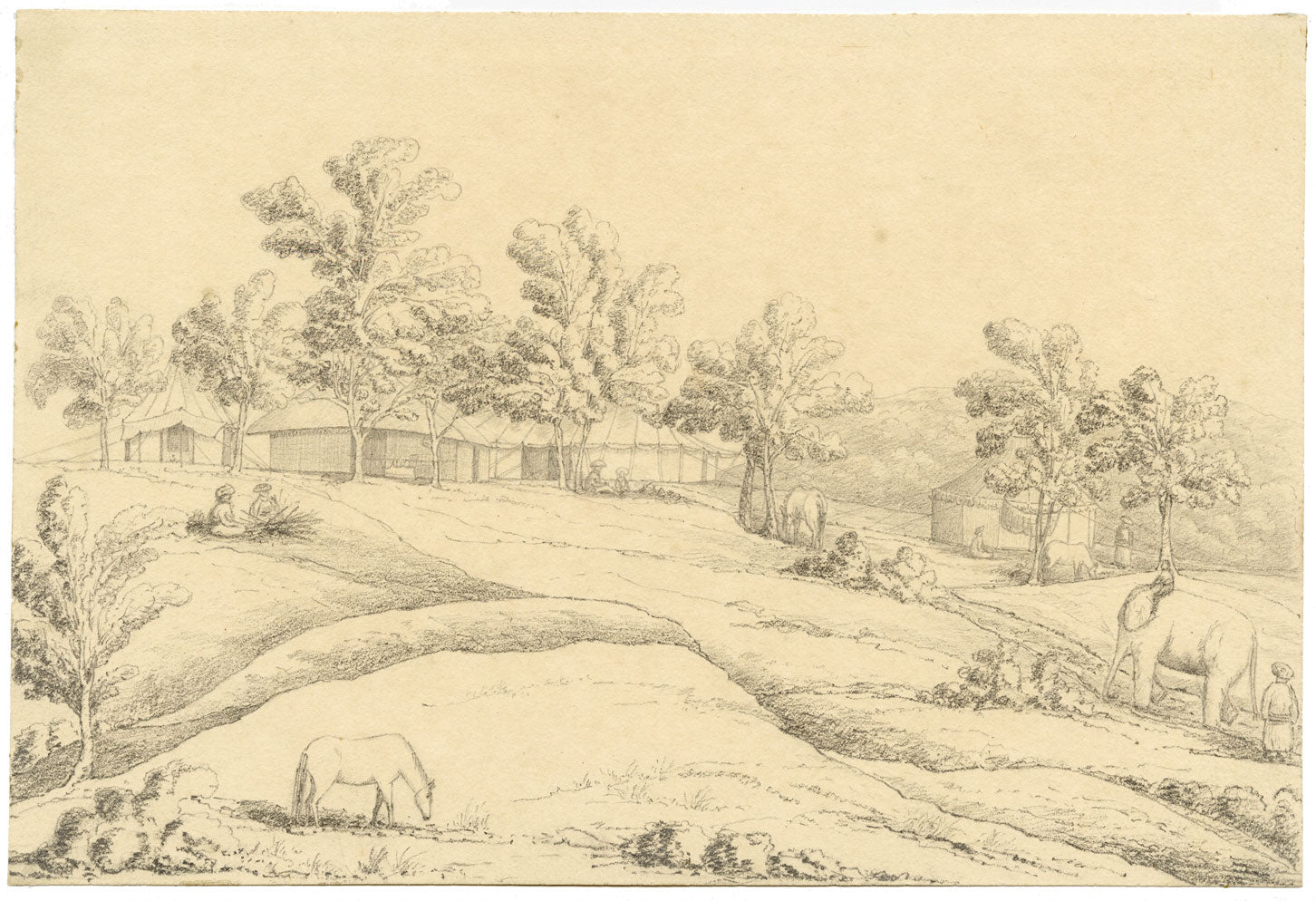 M.A. (Ricketts) Buckland, Camp in the Jungle, Chittagong, Bengal – 1845 graphite drawing