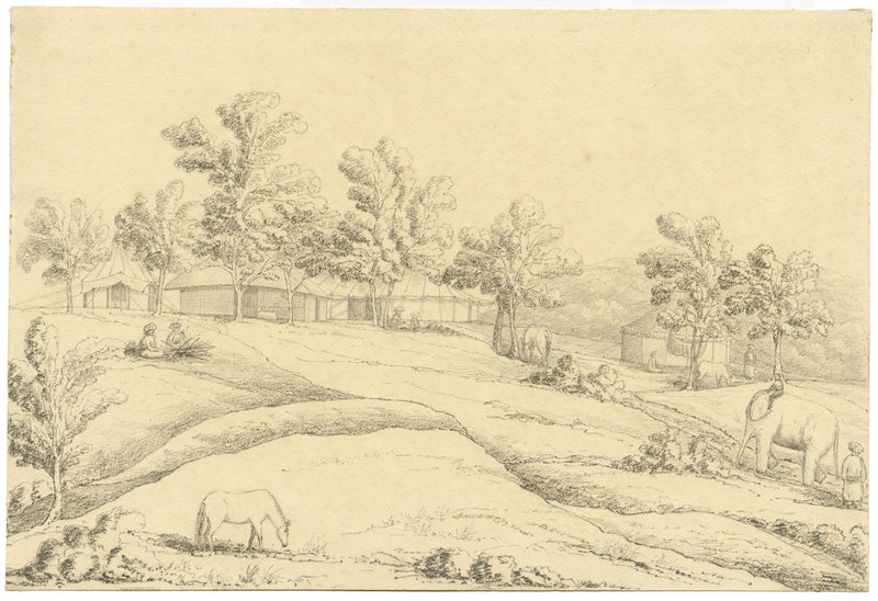 M.A. (Ricketts) Buckland, Camp in the Jungle, Chittagong, Bengal – 1845 graphite drawing