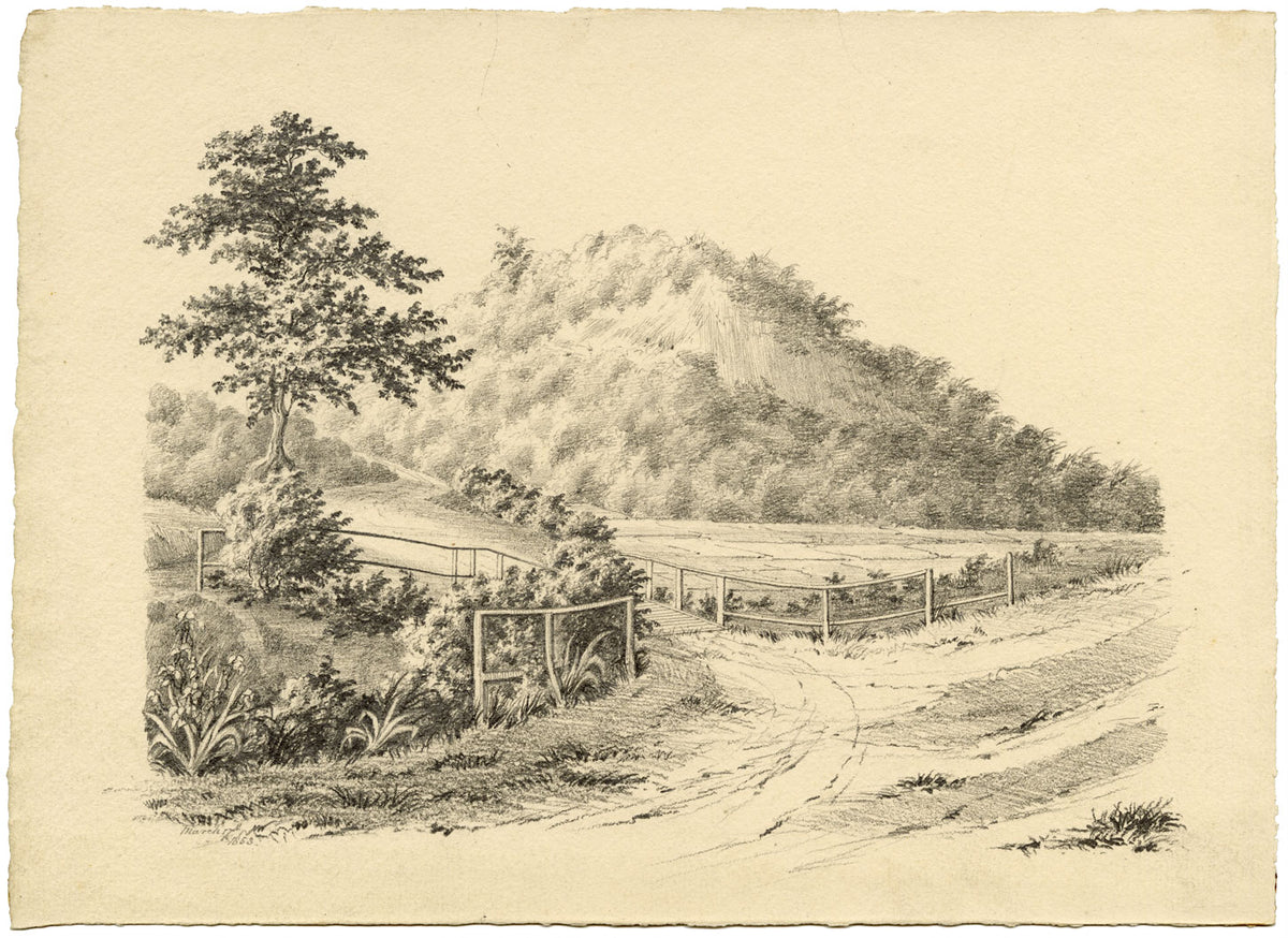M.A. (Ricketts) Buckland, Landscape, Chittagong, Bengal – 1853 graphite drawing