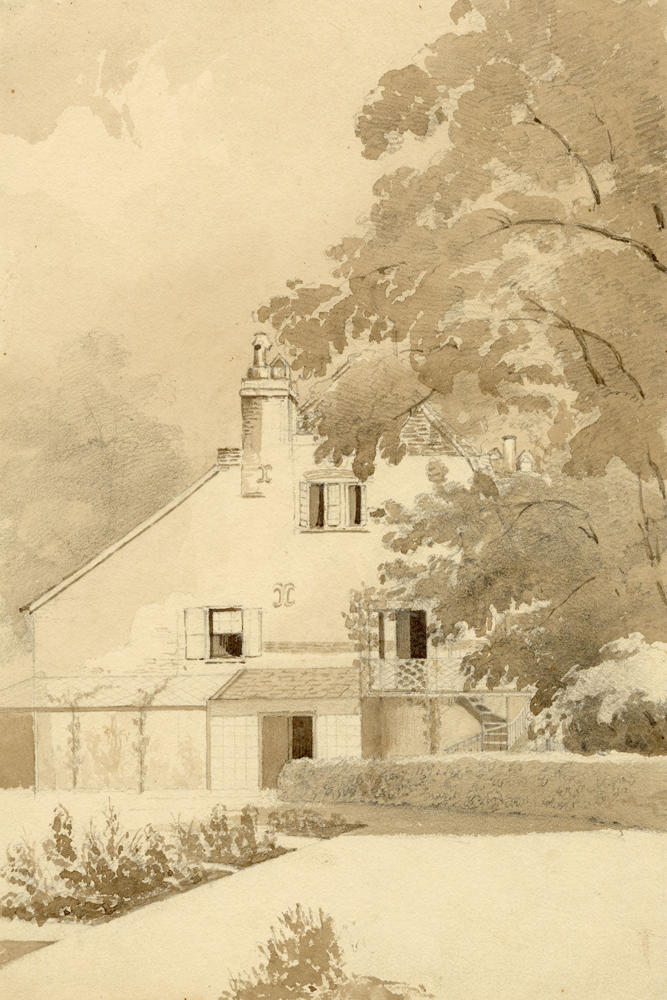 M.A. (Ricketts) Buckland, Gable View from the Garden – 1843 watercolour painting