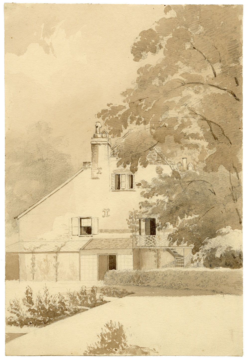 M.A. (Ricketts) Buckland, Gable View from the Garden – 1843 watercolour painting