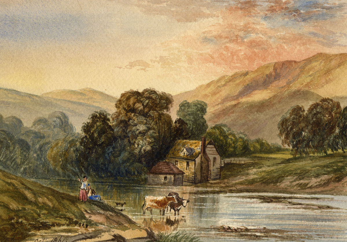 M.A. (Ricketts) Buckland, Mountain Lake with Cows – 1861 watercolour painting