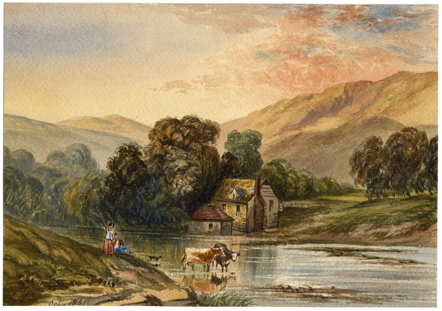 M.A. (Ricketts) Buckland, Mountain Lake with Cows – 1861 watercolour painting