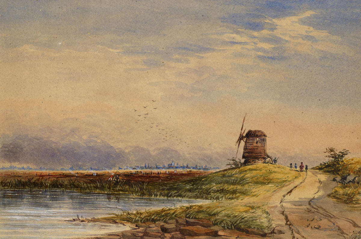 M.A. (Ricketts) Buckland, Seaview with Windmill – 1860 watercolour painting