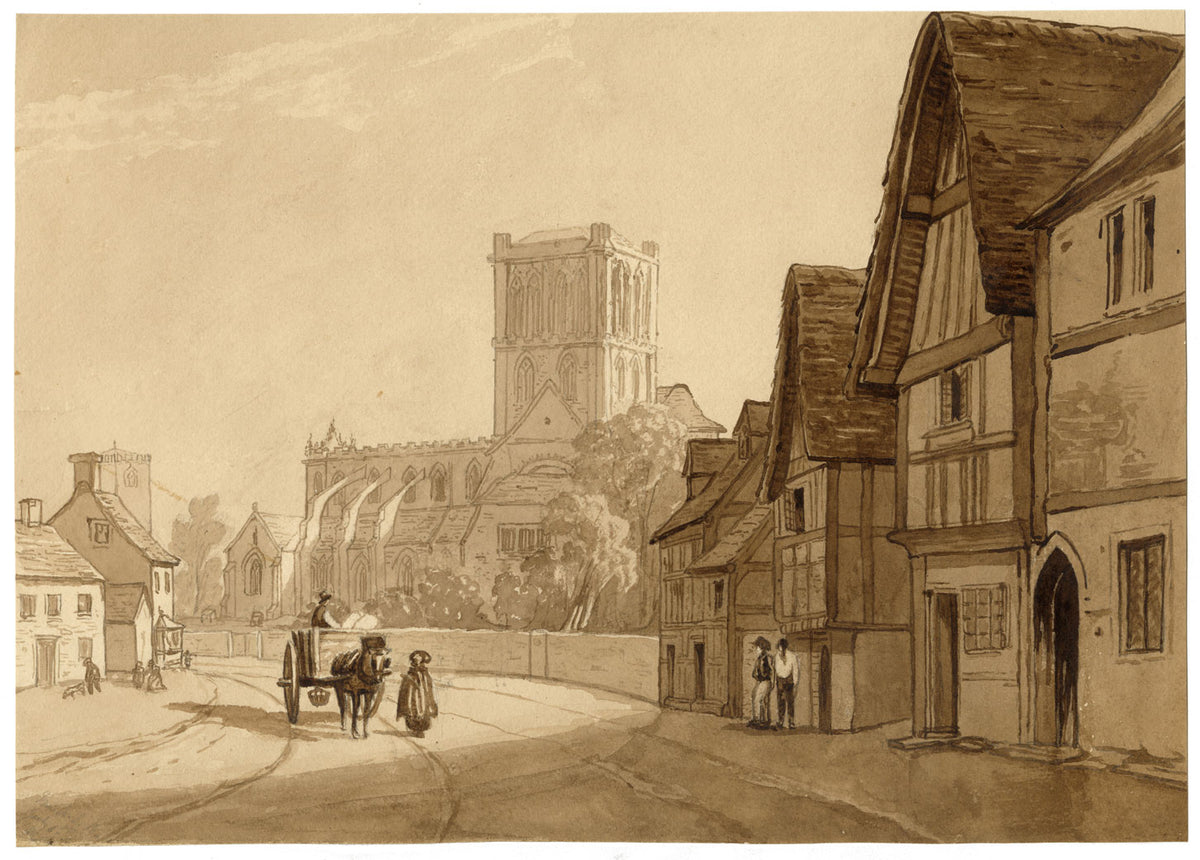 M.A. (Ricketts) Buckland, Village Street with Romanesque Church – c.1860 watercolour painting