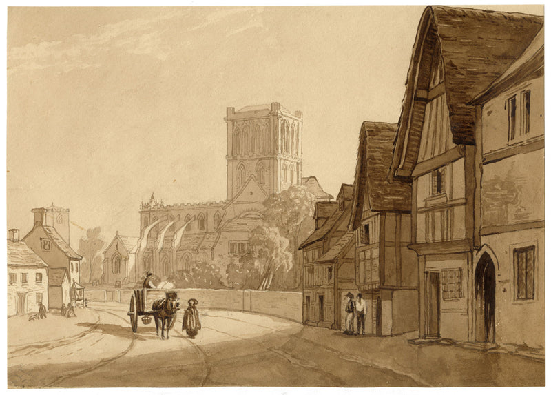 M.A. (Ricketts) Buckland, Village Street with Romanesque Church – c.1860 watercolour painting