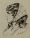 G. DeLalande, Portrait of a Young Woman in a Headscarf – 1890s charcoal drawing