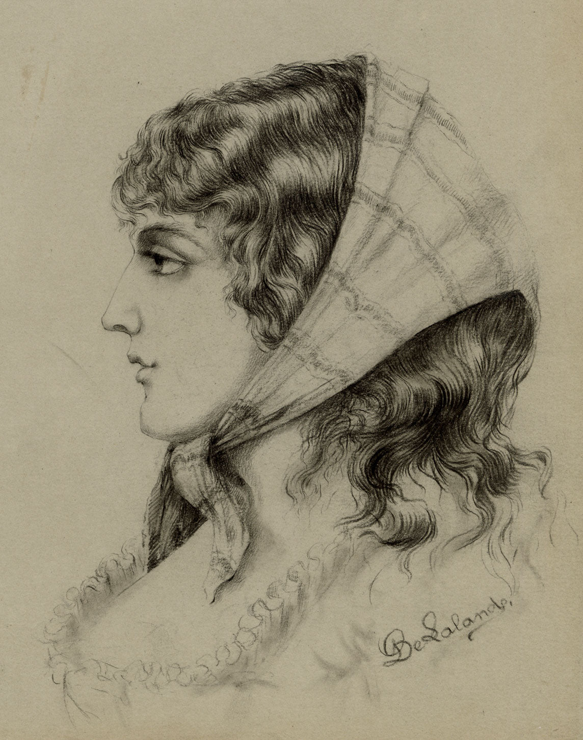 G. DeLalande, Portrait of a Young Woman in a Headscarf – 1890s charcoal drawing