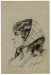 G. DeLalande, Portrait of a Young Woman in a Headscarf – 1890s charcoal drawing