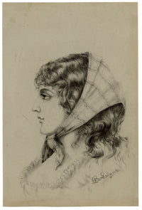 G. DeLalande, Portrait of a Young Woman in a Headscarf – 1890s charcoal drawing