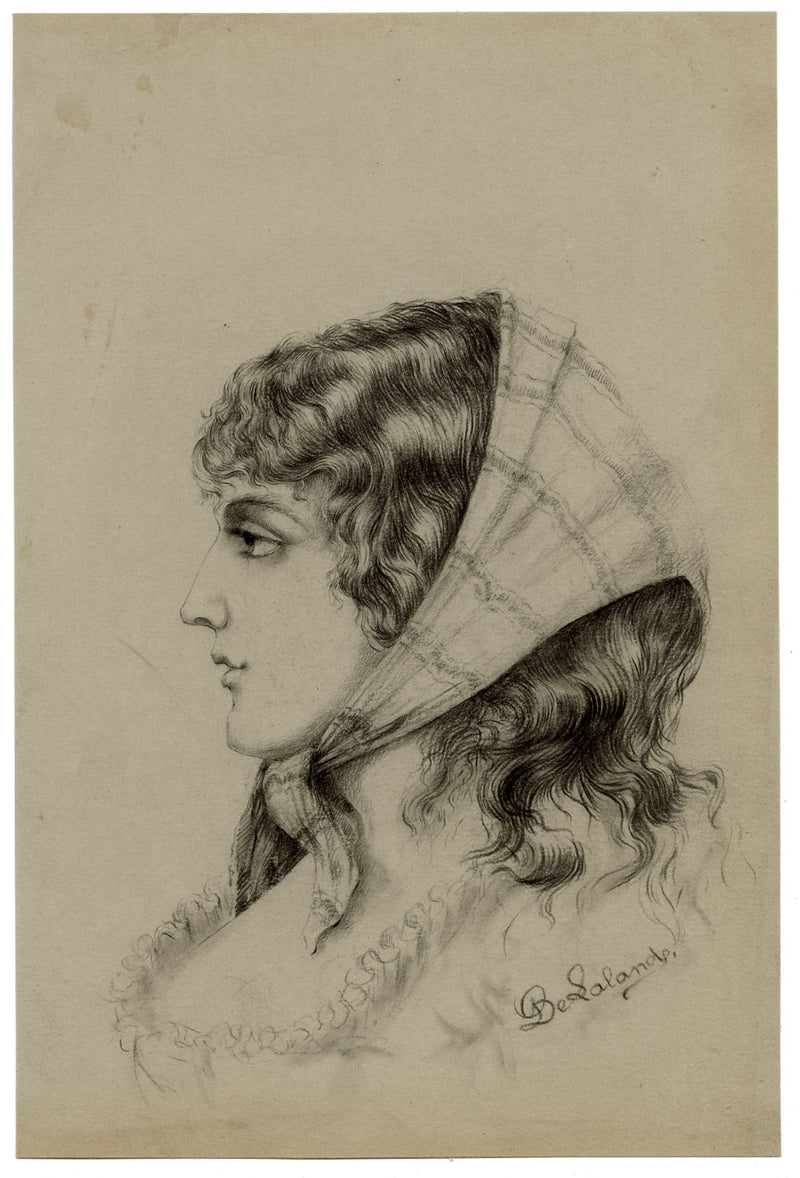G. DeLalande, Portrait of a Young Woman in a Headscarf – 1890s charcoal drawing