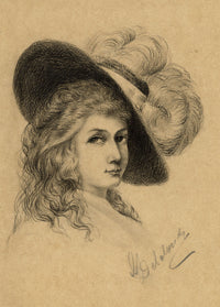 G. DeLalande, Portrait of a Young Lady in Feathered Hat – 1890s charcoal drawing