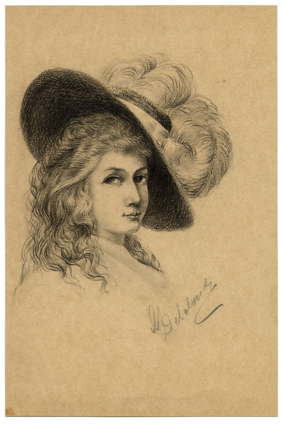 G. DeLalande, Portrait of a Young Lady in Feathered Hat – 1890s charcoal drawing