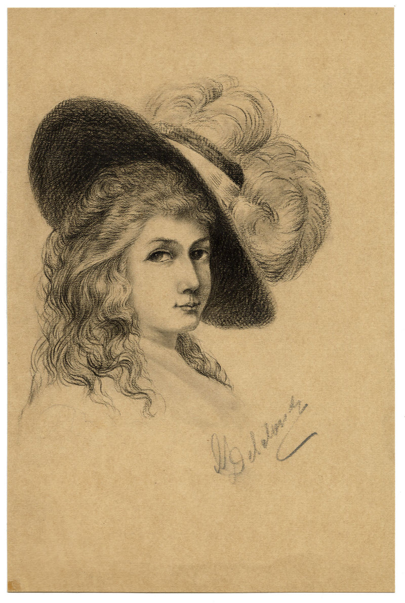 G. DeLalande, Portrait of a Young Lady in Feathered Hat – 1890s charcoal drawing