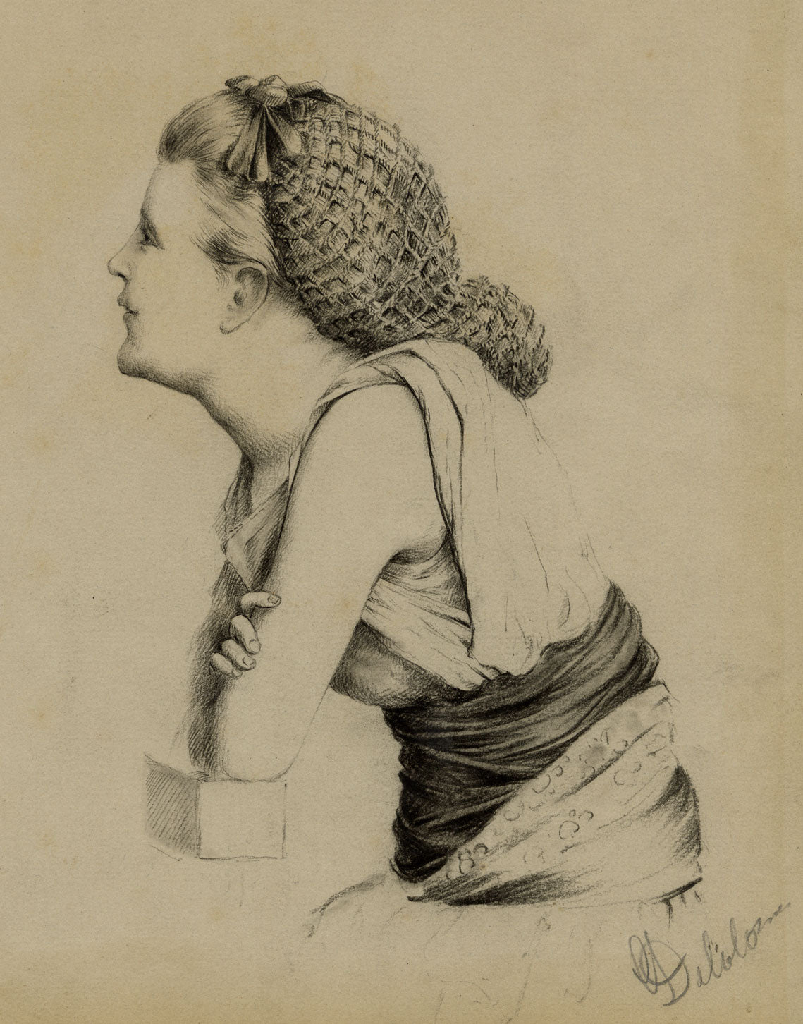 G. DeLalande, Portrait of a Girl in Hair Net – Original 1890s charcoal drawing