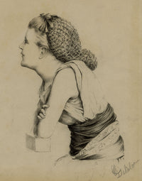 G. DeLalande, Portrait of a Girl in Hair Net – Original 1890s charcoal drawing