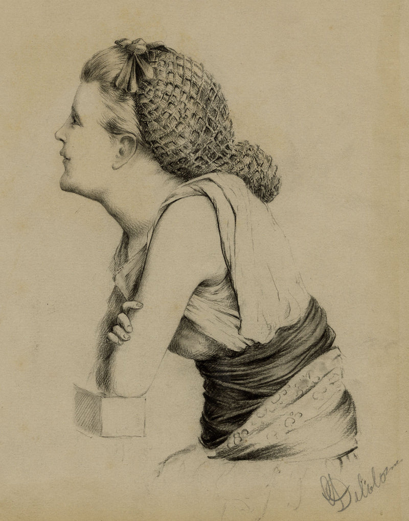 G. DeLalande, Portrait of a Girl in Hair Net – Original 1890s charcoal drawing