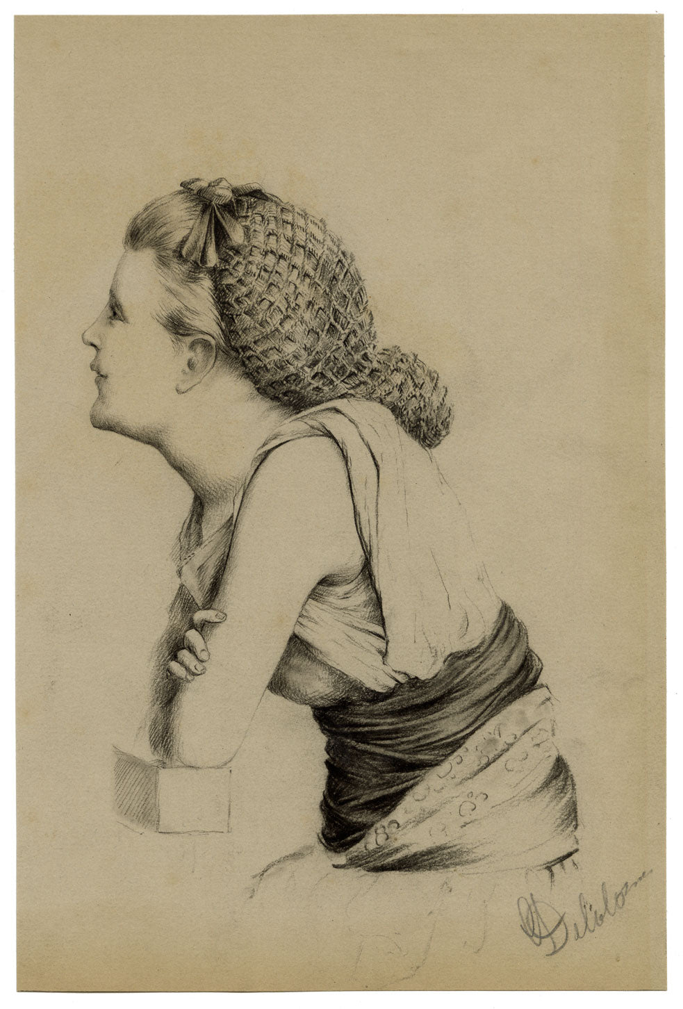G. DeLalande, Portrait of a Girl in Hair Net – Original 1890s charcoal drawing