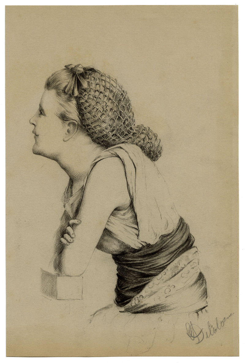 G. DeLalande, Portrait of a Girl in Hair Net – Original 1890s charcoal drawing