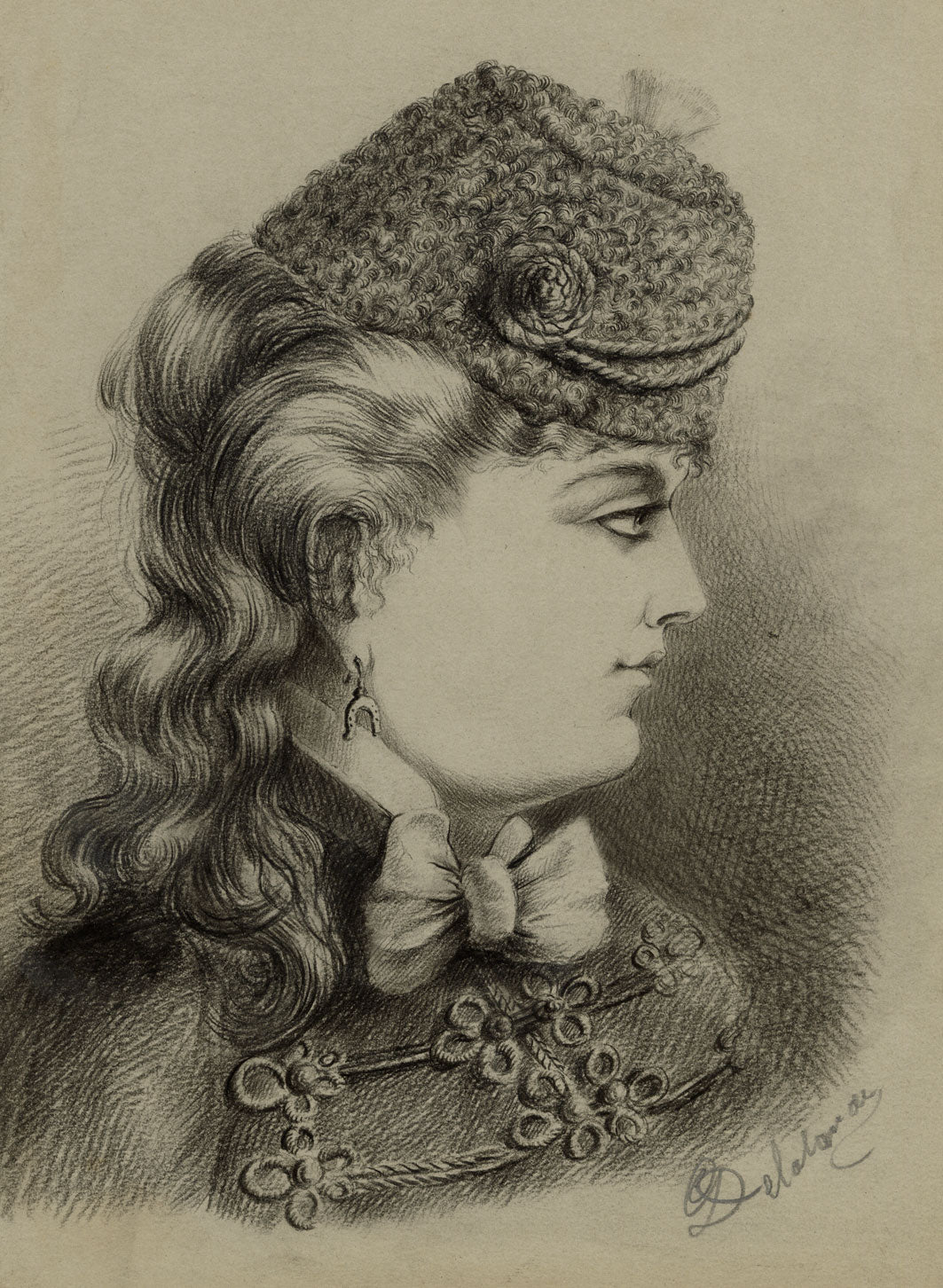 G. DeLalande, Portrait of a Young Woman in Riding Habit – 1890s charcoal drawing