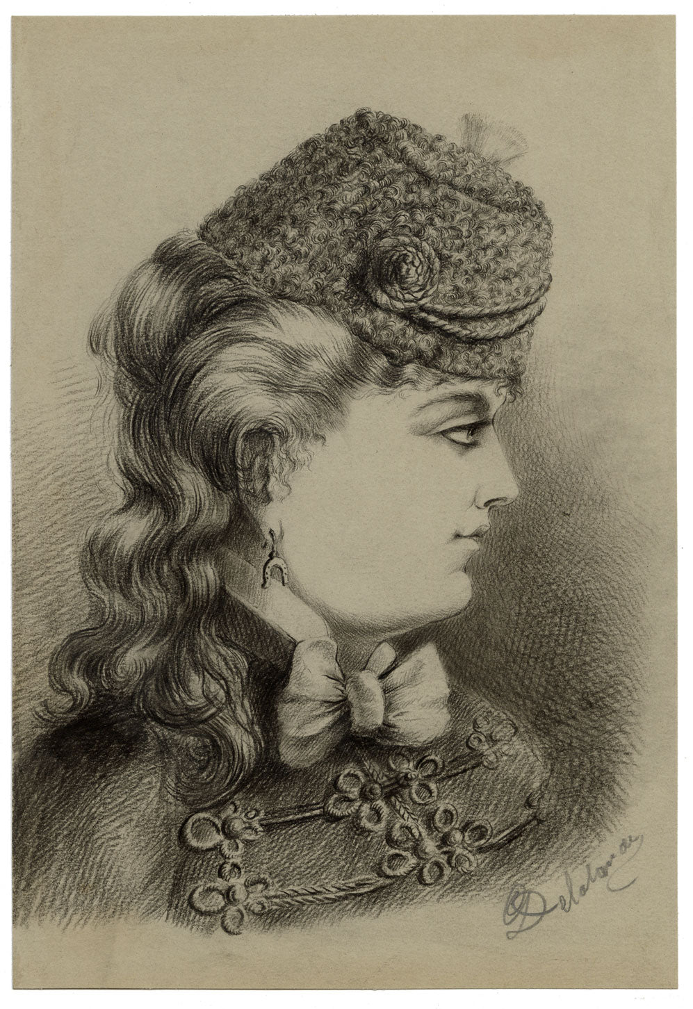 G. DeLalande, Portrait of a Young Woman in Riding Habit – 1890s charcoal drawing