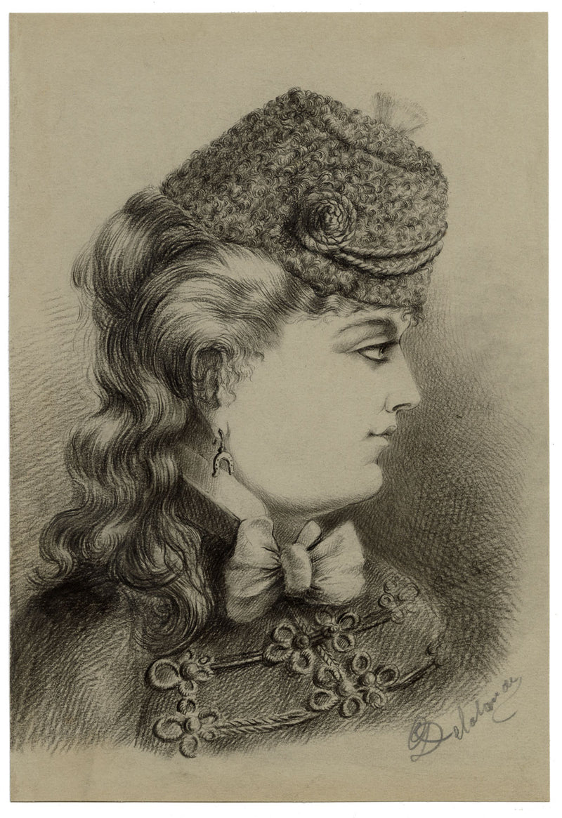 G. DeLalande, Portrait of a Young Woman in Riding Habit – 1890s charcoal drawing