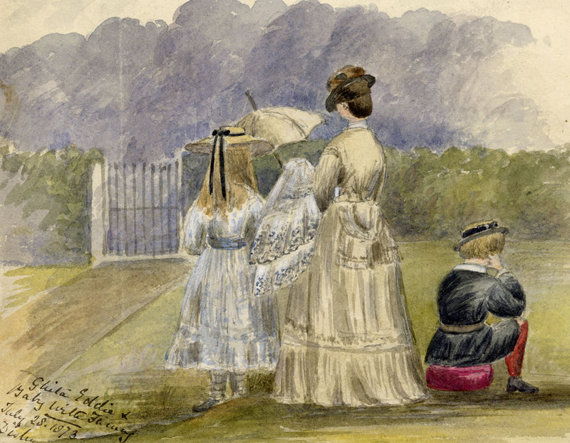 V.S. Satterthwaite, Ghita, Eddie & Baby with Fanny, Disley, Cheshire – 1873 watercolour painting
