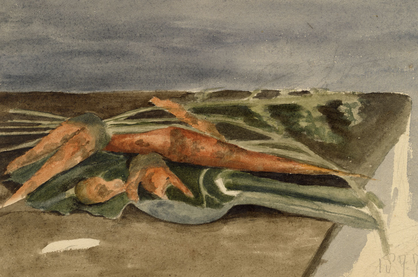 Hunter, Freshly Dug Carrots, Still Life Study – 1877 watercolour painting