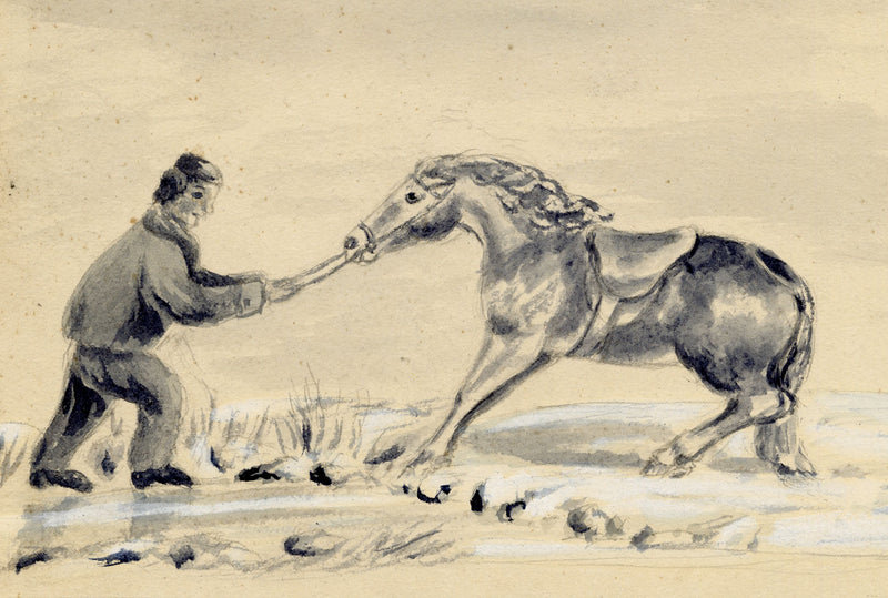 Isabella Hunter, Leading a Stubborn Horse, Scottish Borders – 1875 watercolour painting