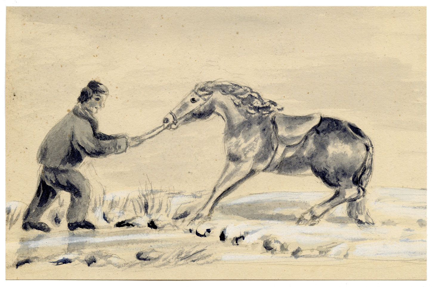 Isabella Hunter, Leading a Stubborn Horse, Scottish Borders – 1875 watercolour painting
