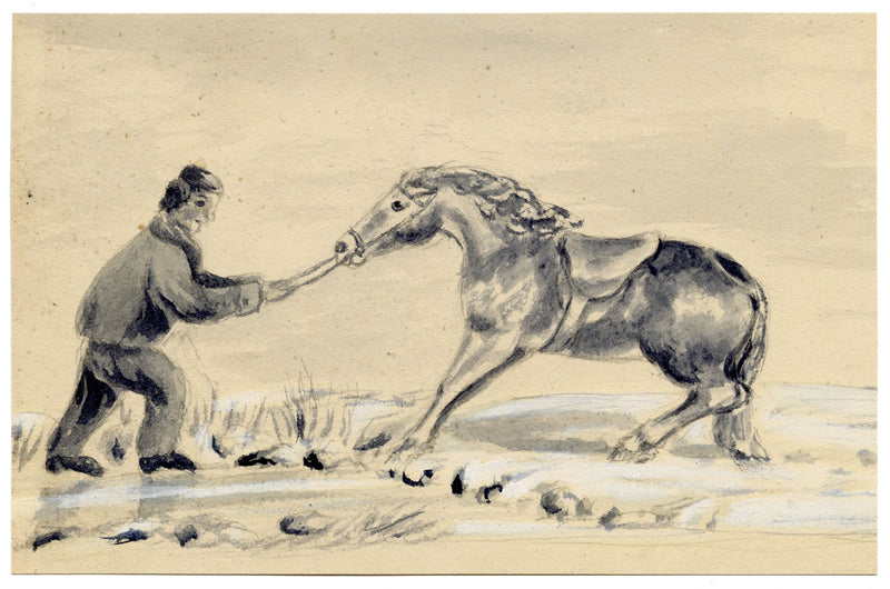 Isabella Hunter, Leading a Stubborn Horse, Scottish Borders – 1875 watercolour painting