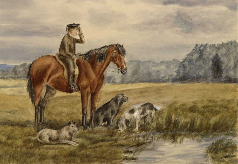 Isabella Hunter, Boy on Horseback with Dogs, Scottish Borders – 1876 watercolour painting
