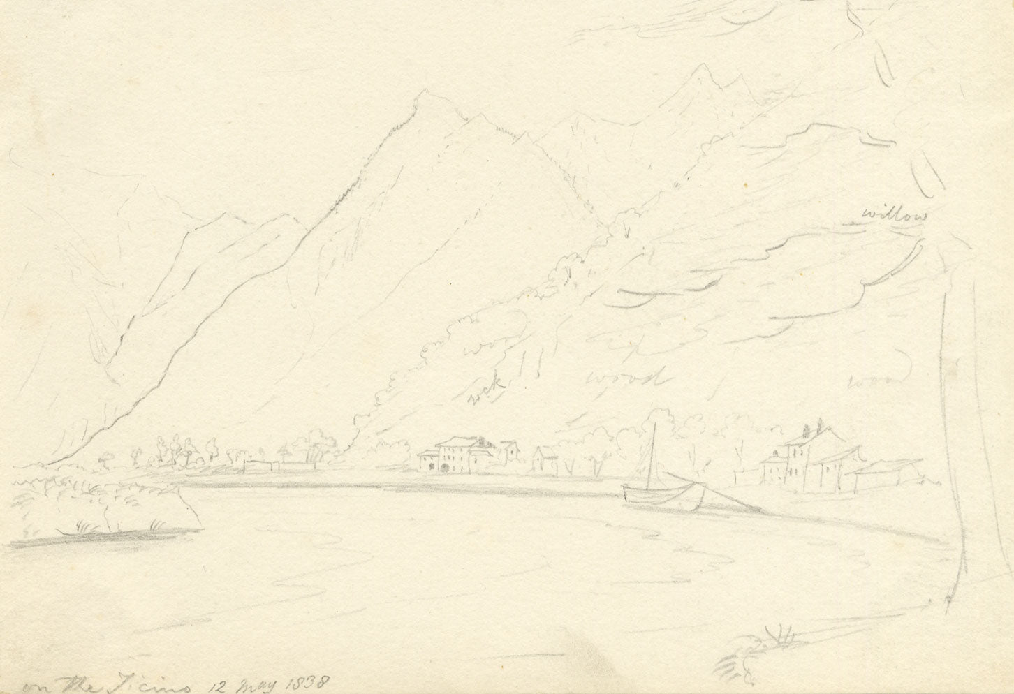 E. Woodville Ricketts, On the Ticino River, Switzerland – 1838 graphite drawing