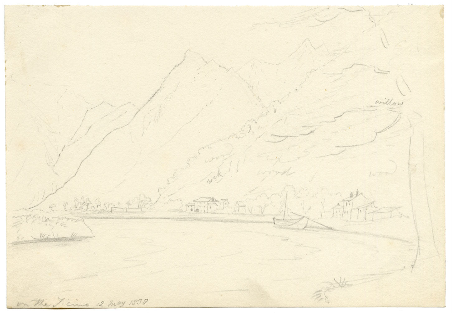 E. Woodville Ricketts, On the Ticino River, Switzerland – 1838 graphite drawing