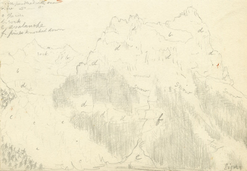 E. Woodville Ricketts, Eiger Mountain with Ice Mapping, Swiss Alps – 1838 graphite drawing